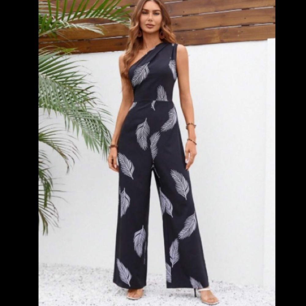 SHEIN Black One-Shoulder Wide-Leg Jumpsuit with White Feather Print